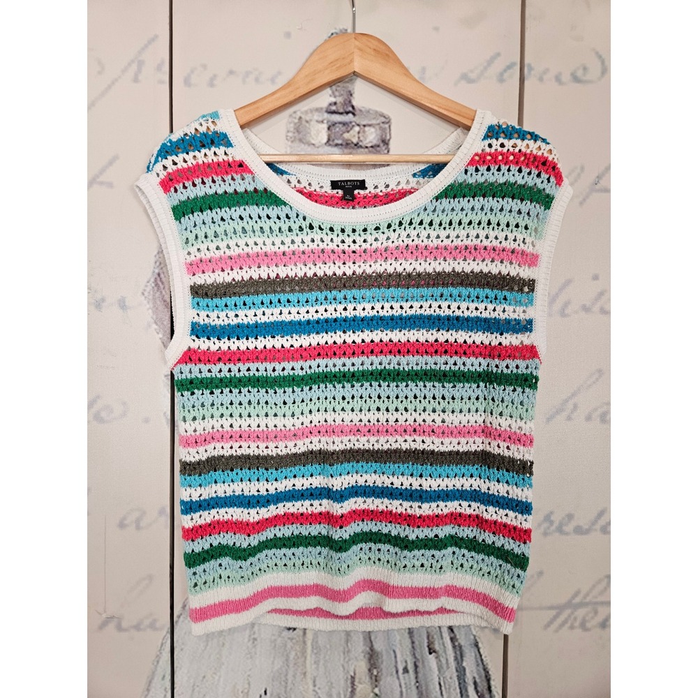 Talbots Crochet Sweater Vest SP Multicolor Striped Open‎ Knit Coastal Preppy